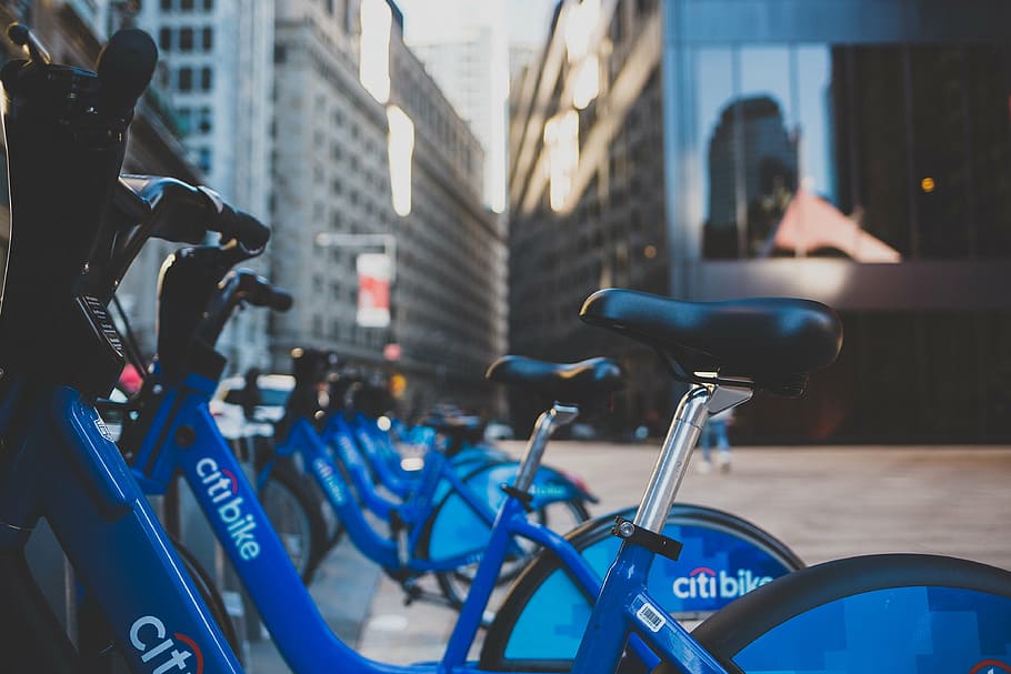 blue, gray, citi bike, bicycle, bike, park, city, urban, street, building