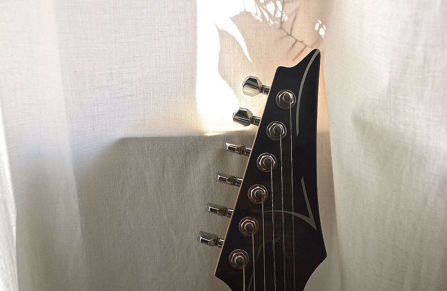 black, guitar headstock, white, curtain, guitar, electric guitar, stringed instrument, musical instrument, electrically, rock music