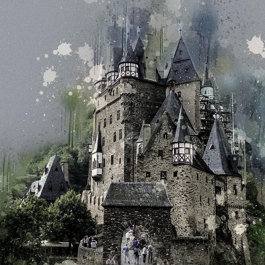 gray, black, concrete, castle painting, castle, burg eltz, middle ages, germany, places of interest, medieval