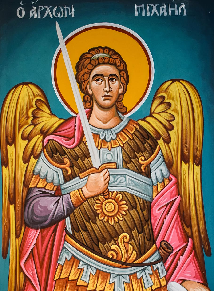 white, brown, angel, holding, sword illustration, archon, michael, archangel, iconography, church