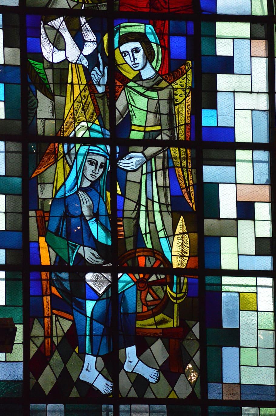 stained glass, window, church, colorful, angel, mary, annunciation, festival, marian, dove