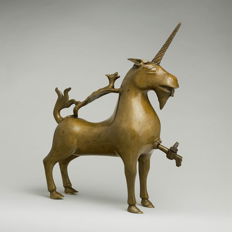 Unicorn, Old, Medieval, Brass, antler, studio shot, deer, reindeer, gray background, animal wildlife