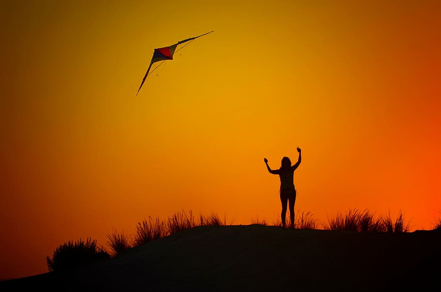 silhouette, woman, flying, kite, backlight, dusk, beach, sunset, people, landscape