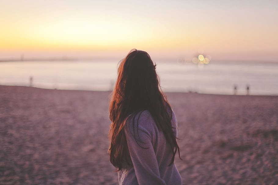 woman, wearing, gray, long-sleeved, shirt, sunset, beach, beach sunset, woman on beach, sunset beach