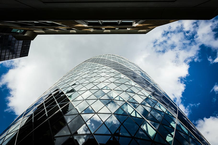 office buildings, glass, reflection, sky, london, the gherkin, business, building, modern, urban