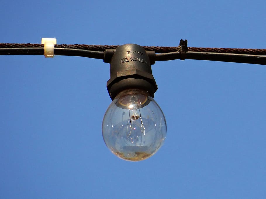Light Bulb, Suspended, Outdoors, Daytime, bulb, light, lamp, electricity, hanging, electric