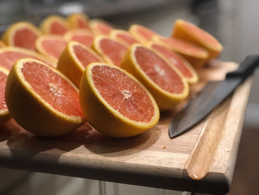 sliced, grapefruit, citrus, fruit, healthy eating, freshness, food, kitchen knife, food and drink, cutting board