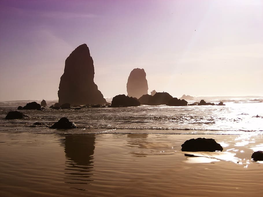 rock formation, seashore, daytime, oregon, beach sand, rocks, formations, sky, sea, ocean