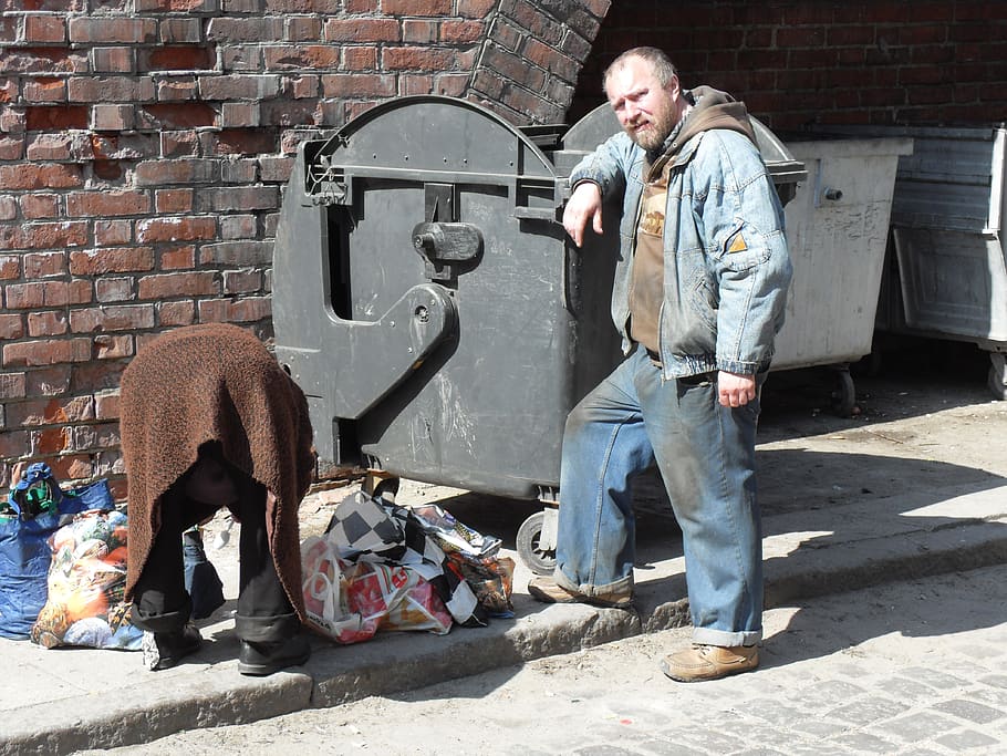 couple, poland, people, homeless, trash, container, man, woman, poor, men