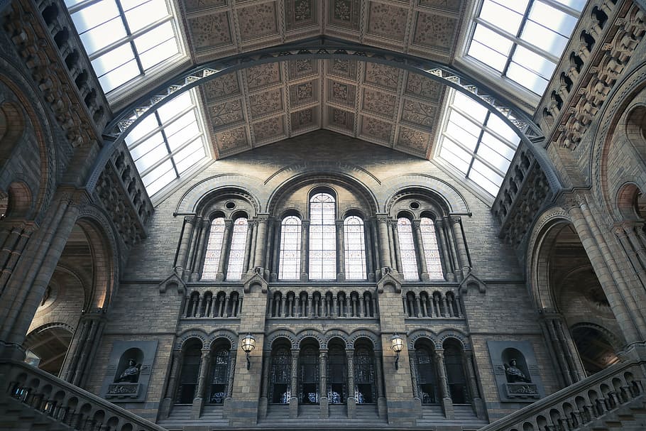 low-angel view, glass ceiling building, interior, architecture, building, infrastructure, design, museum, church, indoors