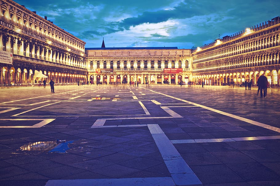 Piazza San Marco, Venice, Italy, square, people, cobblestone, lights, buildings, architecture, night