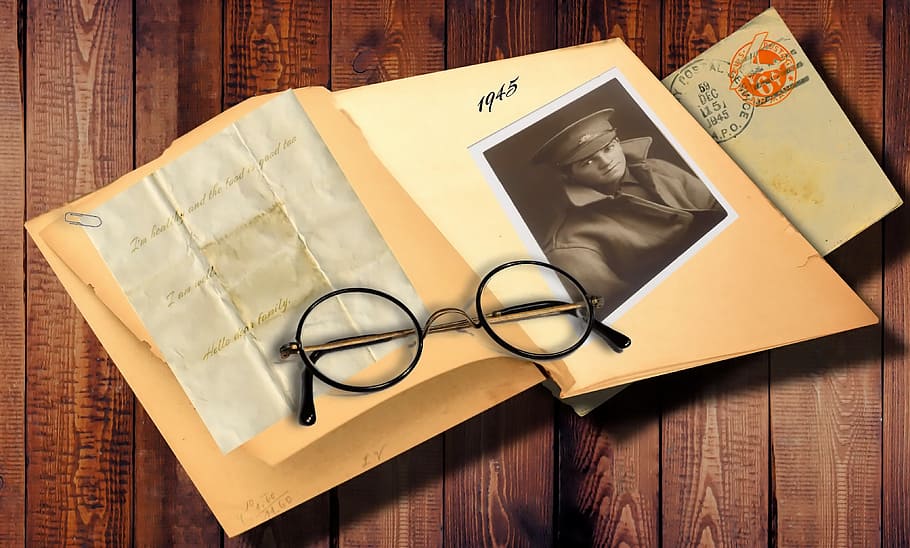round, black, framed, eyeglasses, book photo, Memories, Photo, Book, Past, Old, book