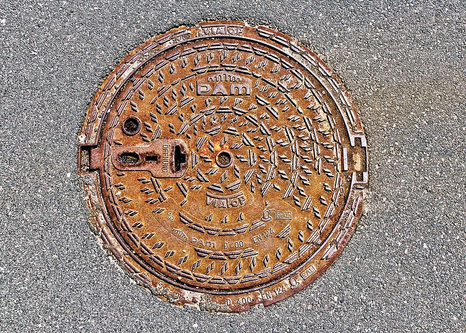 manhole cover, rusty, asphalt, round, road, background, metal, cast iron pans, old, manhole