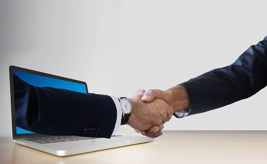 handshake, hands, laptop, monitor, online, digital, partner, businessmen, team, cooperation