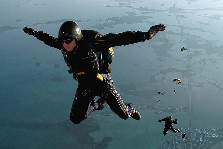 man, sky, diving, skydiving, jump, falling, parachuting, military, training, high