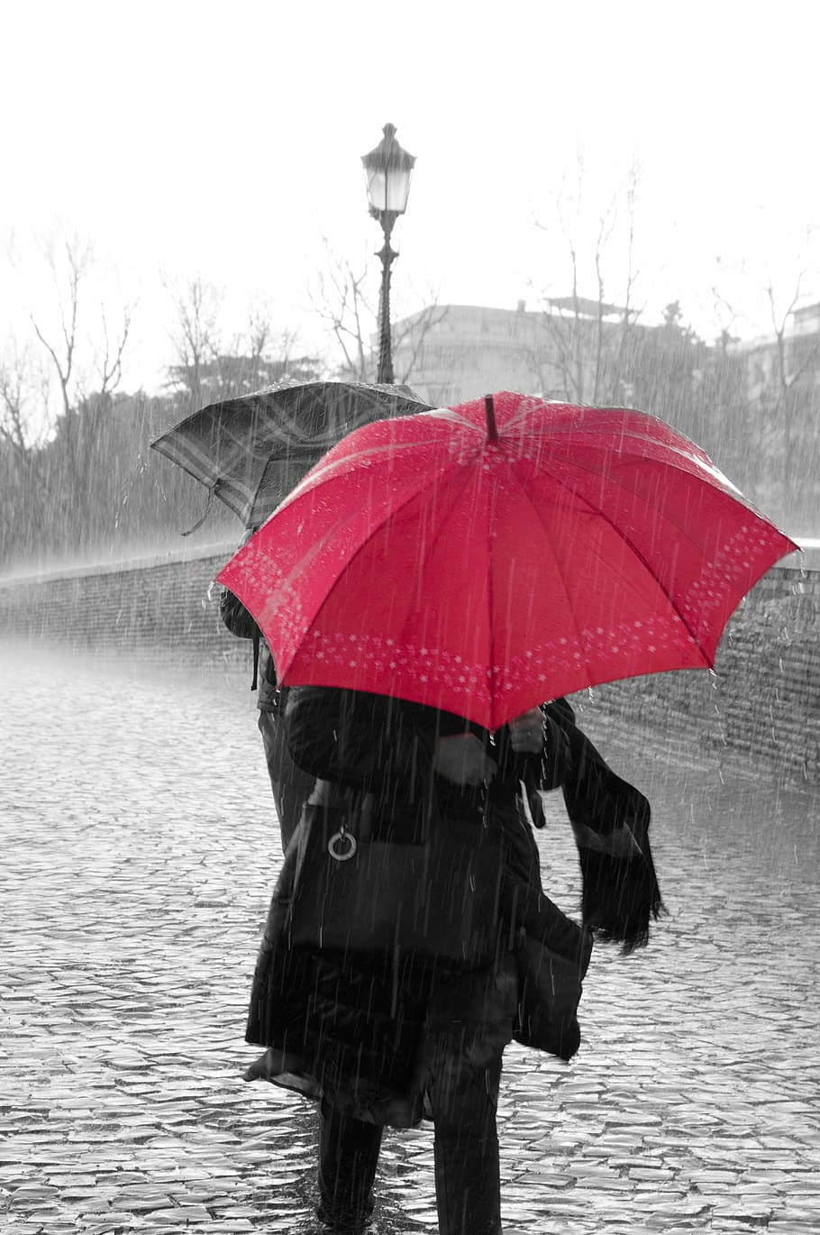 woman under umbrella, rain, water, drops, rainy, rainy day, umbrella, red, color, black and white