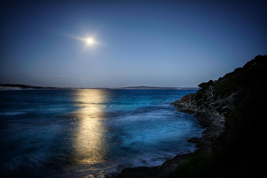 moon rise, bay, ocean, blue, glow, water, beach, coast, landscape, sky