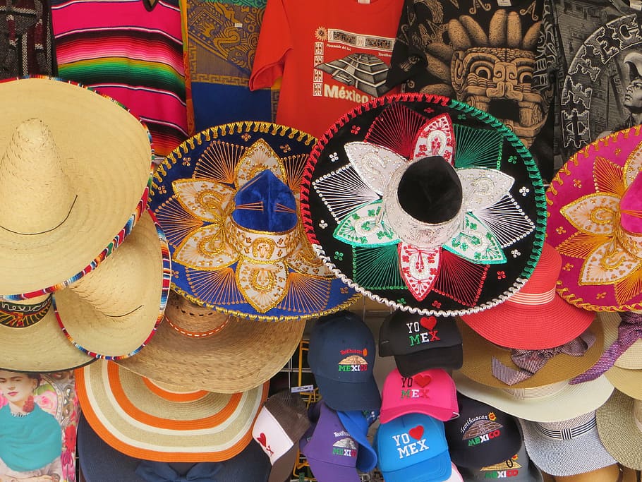 lote de sombrero de cores sortidas, méxico, comércio, bancas, sombrero, artesanato, mercado, chapéu, culturas, mexicano Cultura