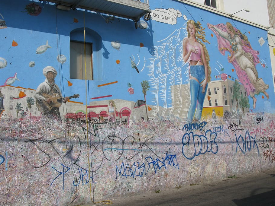 multicolored, wall graffiti art, daytime, Venice Beach, Los Angeles, California, venice beach, los angeles, california, map, day, building exterior