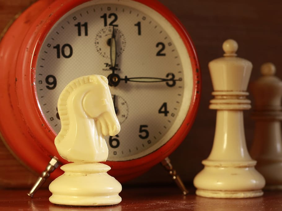 white, knight chess chip, chess, clock, game, time, competition, figure, sport, symbol