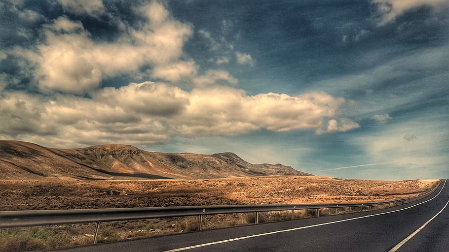 road, desert, clear, blue, skies, blue skies, volcano, clouds, fuerteventura, landscape