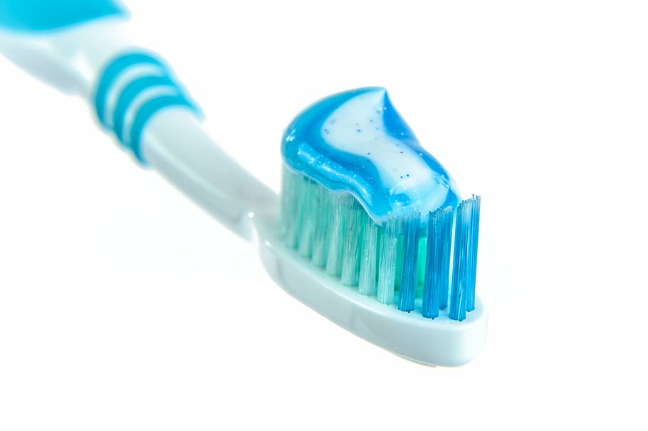 selective, focus photography, toothbrush, toothpaste, white, blue, filled, backgorund, gel, health