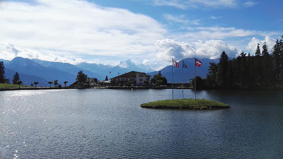 lake, crans-montana, crans, valais, switzerland, alps, mont blanc, flag, mountain, summer