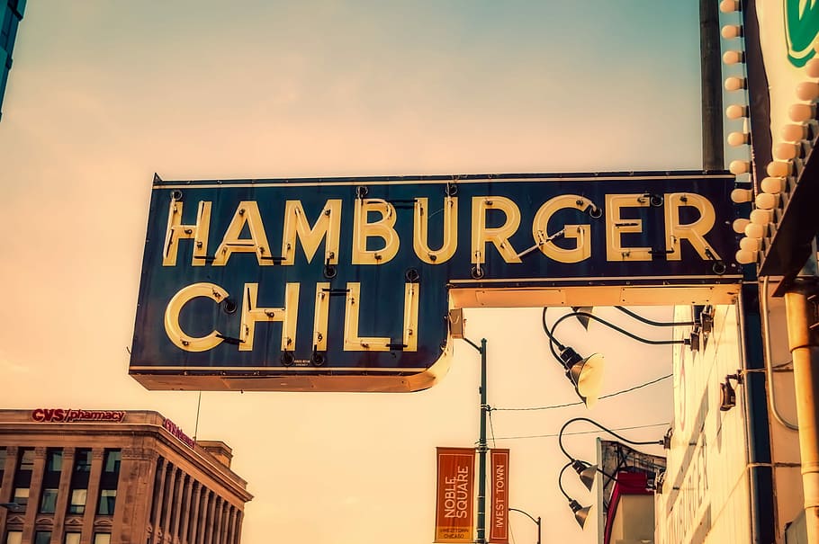 hamburger chili billboard, San Francisco, California, Sign, san francisco, california, restaurant, cafe, food, downtown, city