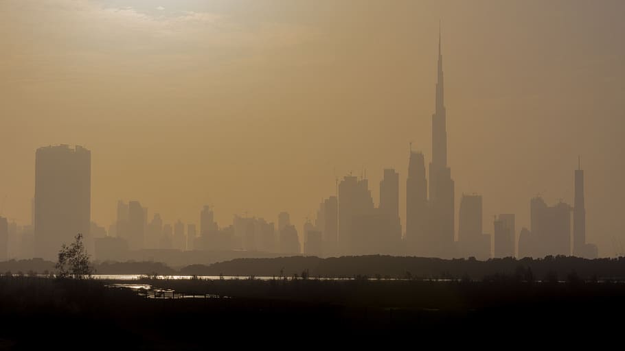 Dubai, horizonte, neblina, nebuloso, Emiratos Árabes Unidos, rascacielos, EAU, edificio, torre, paisaje urbano
