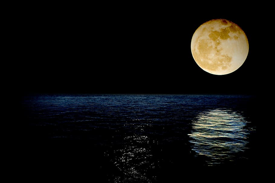 time lapse photography, full, moon, luna, super, superluna, sea, reflection, water, night