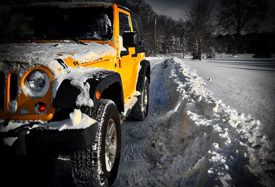 yellow, jeep rubicon, road, snow, jeep wrangler rubicon, jeep wrangler, jeep, wrangler, rubicon, transportation