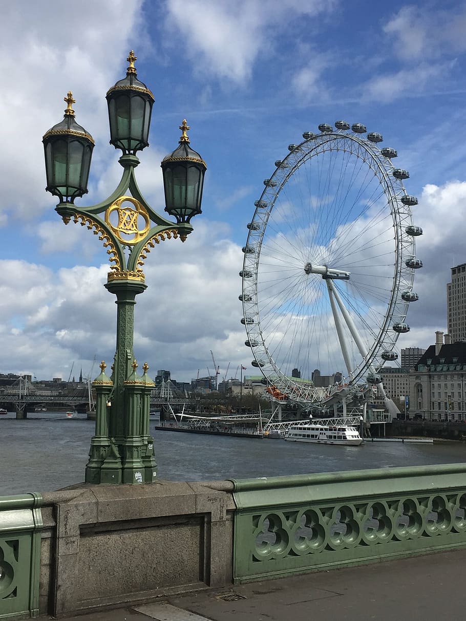 london, ferris wheel, streetlight, bro, london eye, england, blue sky, cloud, famous Place, urban Scene