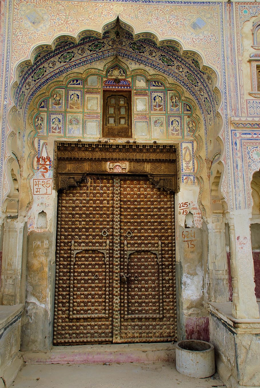 india, rajastan, shekawati, mandawa, fresco, dinding, lukisan, pintu, arsitektur, agama