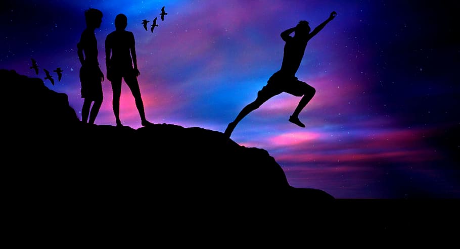 silhouette, man, jumping, hill, boys, human, sea, young, jump, sport