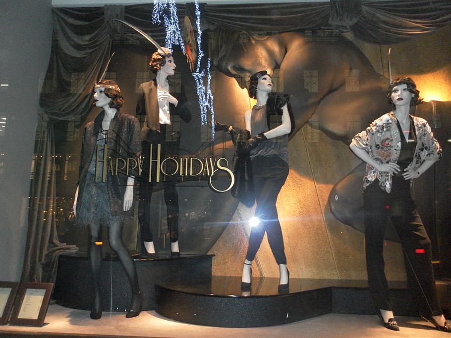 patung liburan bahagia, etalase toko, etalase boneka, etalase, mode, pakaian, wanita, 1920-an, berdiri, laki-laki