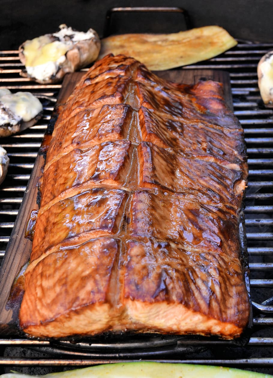 barbekyu, salmon, bernoda, papan, lezat, fillet salmon, makanan, cedar, daging, panggang