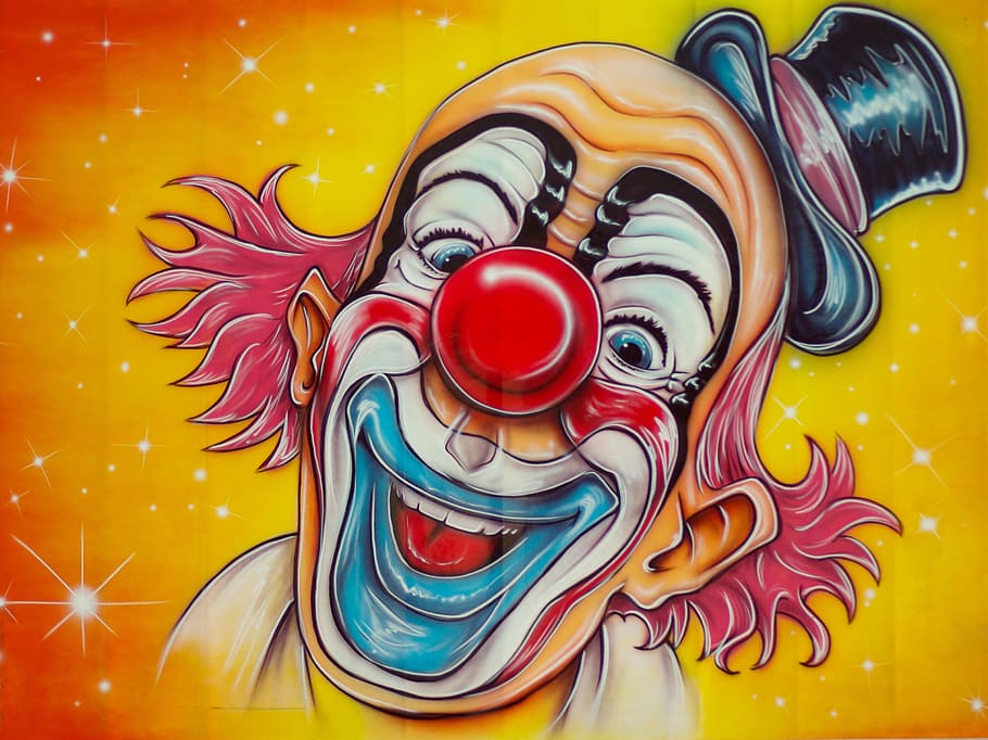 happy, clown portrait painting, clown, portrait painting, circus, disguise, fun fair, multi colored, paint, yellow