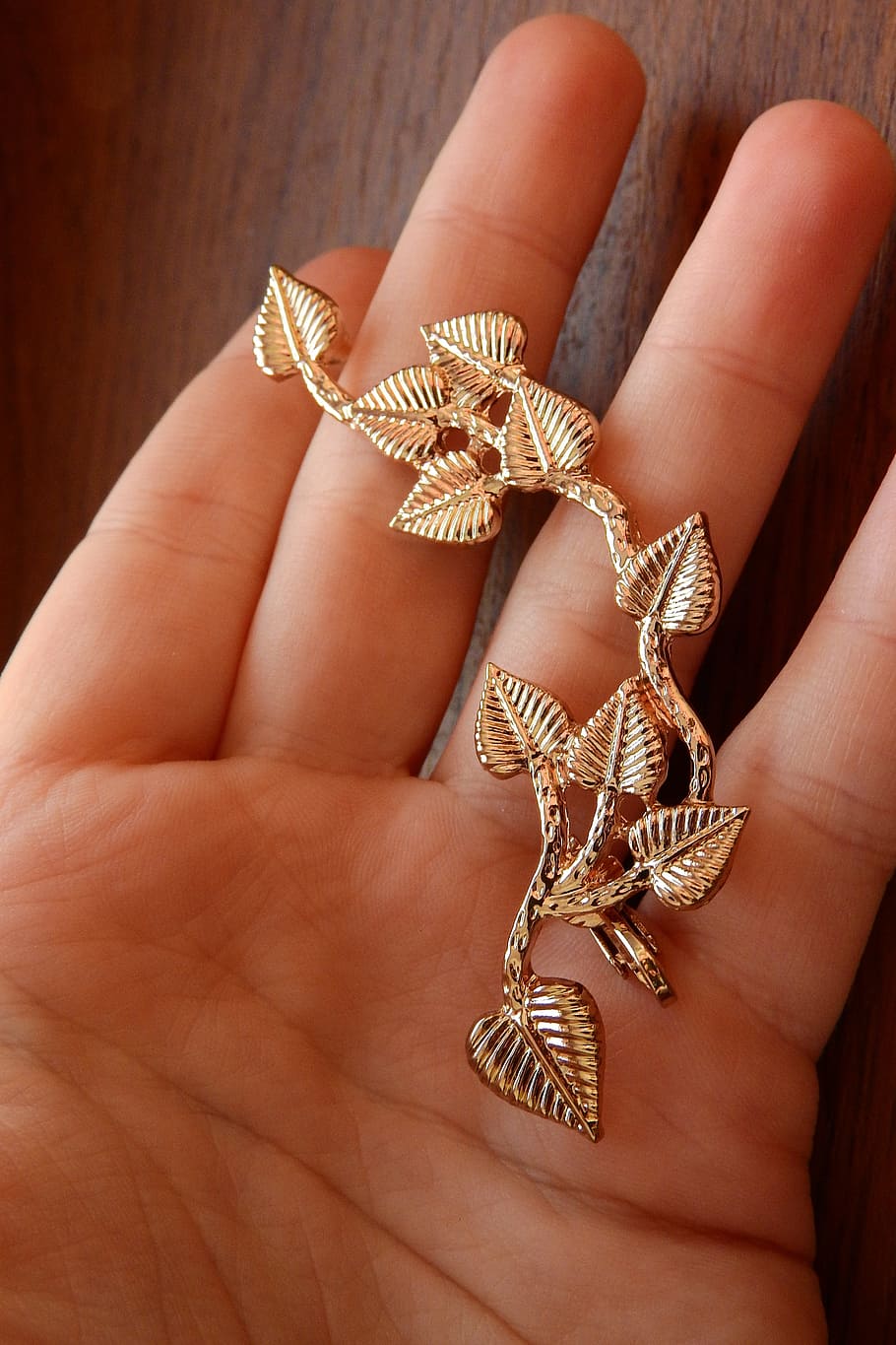the golden jewel in my hand, a jewel in the palm of your hand, big earrings, gold twig with leaves, human body part, human hand, hand, body part, real people, one person