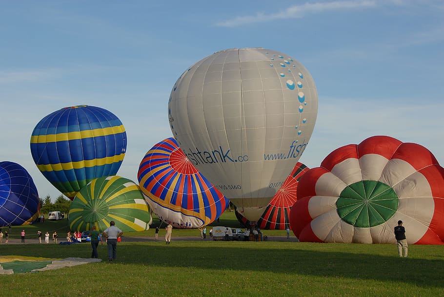assorted-color, hot, air balloons, green, grass, hot-air ballooning, ball, sky, blue, flight