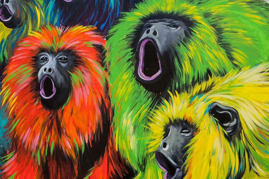 tiro de colheita close-up, arte de rua macacos, macacos., capturado, imagem, Brick Lane, Londres, Inglaterra, urbano, grafite