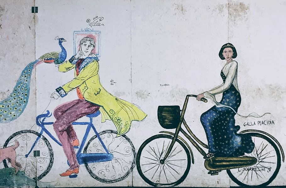 Rávena, Italia, pintura mural, bicicleta, arte, personas, ciclismo, ilustración, transporte, equitación