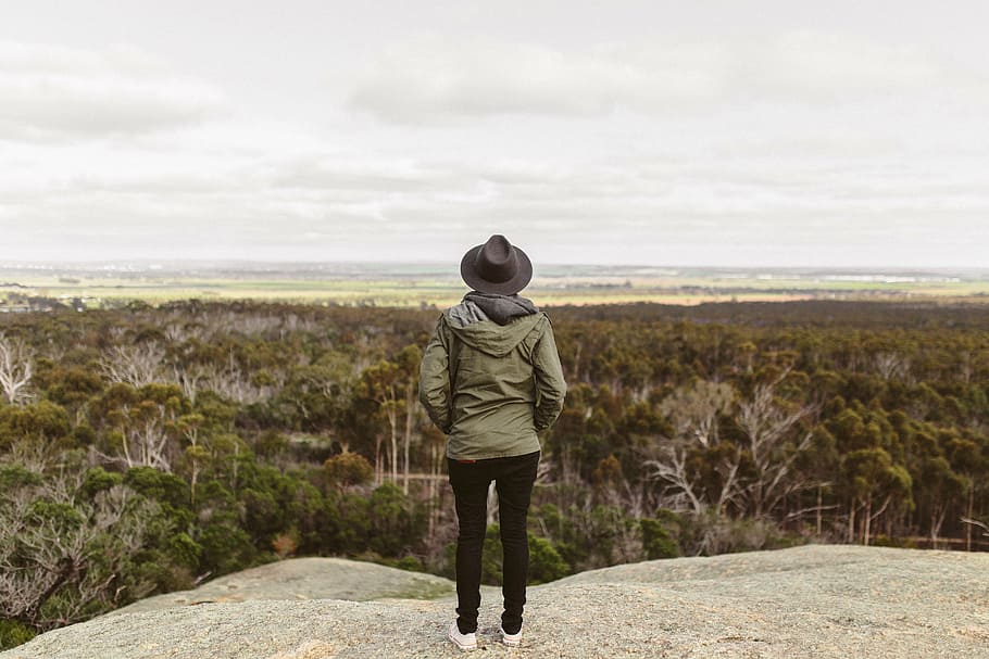 person, facing, backwards, cliff, woman, green, hoodie, standing, gray, mountain