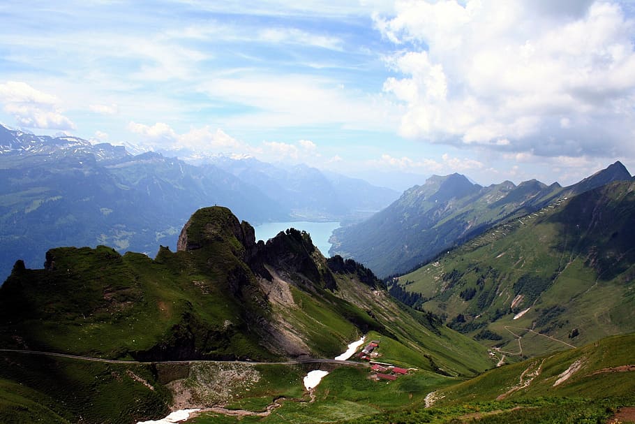 montanhas, bernese oberland, alpino, lago de brienz, suíça, paisagem, céu, nuvens, natureza, verão