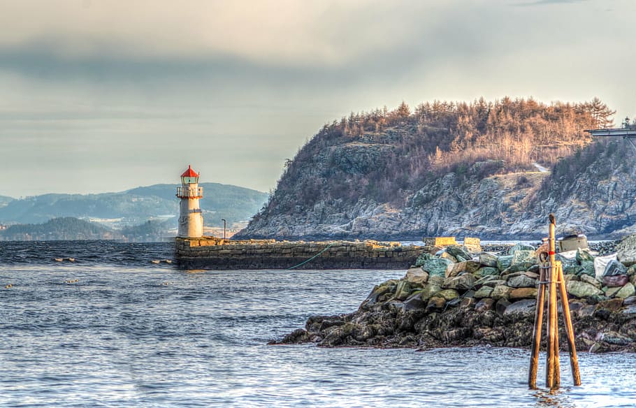 lighthouse, body, water, norway coast, cliff, sea, nature, landscape, sky, travel
