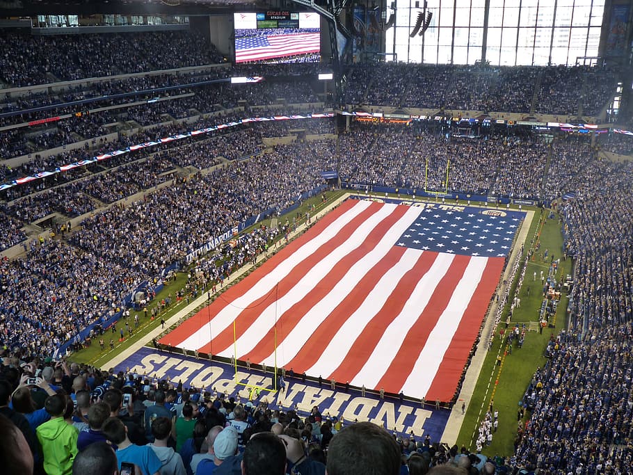 アメリカ合衆国の旗, スタジアム, フラグ, コルト, ゲーム, 群衆, コルツのゲーム, 人々, アメリカ, インディアナポリス