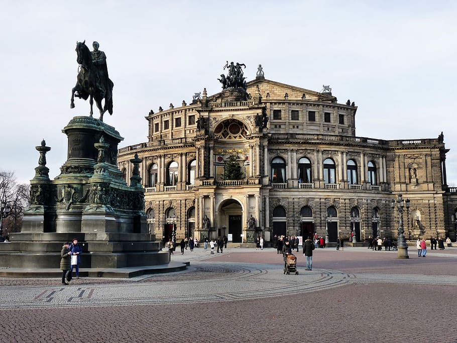 Semper Opera House, Dresden, City, court and state opera, opera house, gottfried semper, saxony, with monument, king johann of saxony, reiter