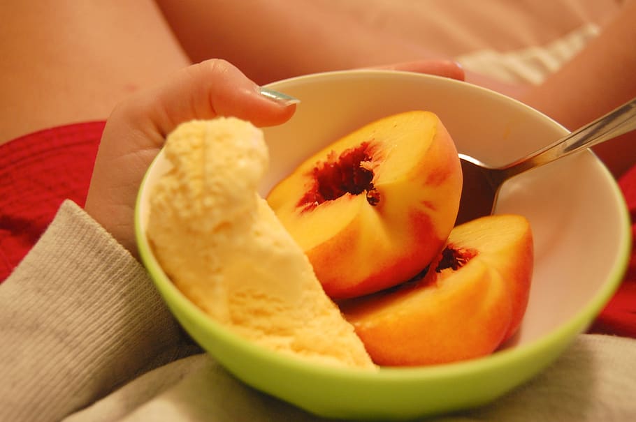 peach, fruit, ice cream, eating, juicy, fresh, snack, bowl, food and drink, food