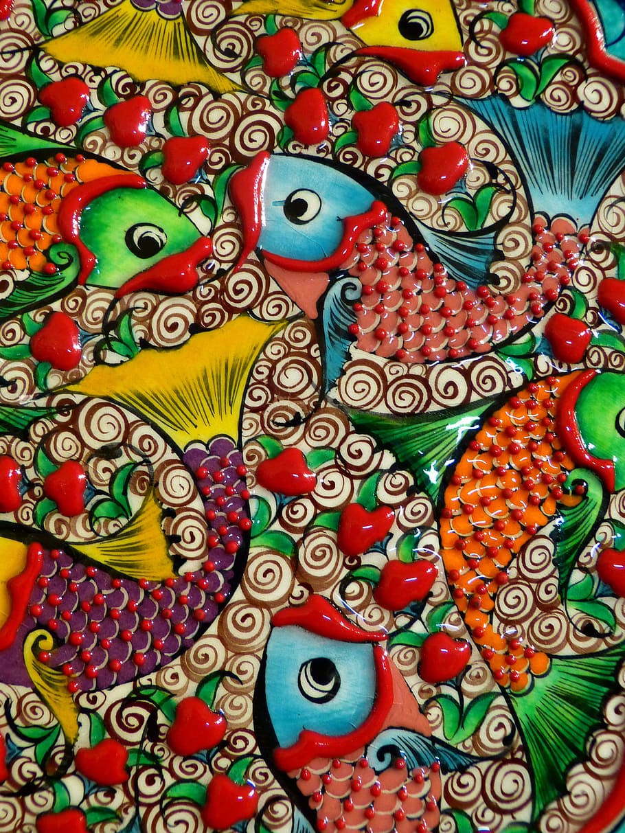 multicolored, fish, embossed, painting, colorful, ceramic, color, animals, multi colored, full frame