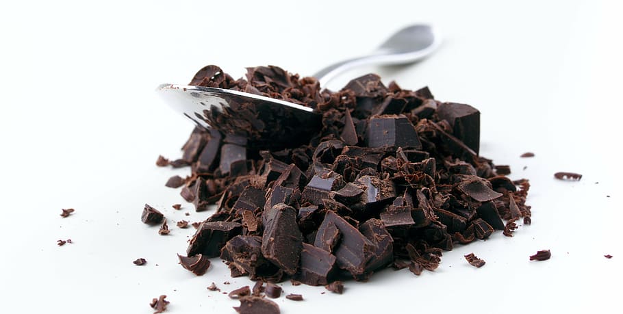 chocolate, stainless, steel spoon, chopped chocolate, cocoa, shaving, white background, brown, liquid, industry