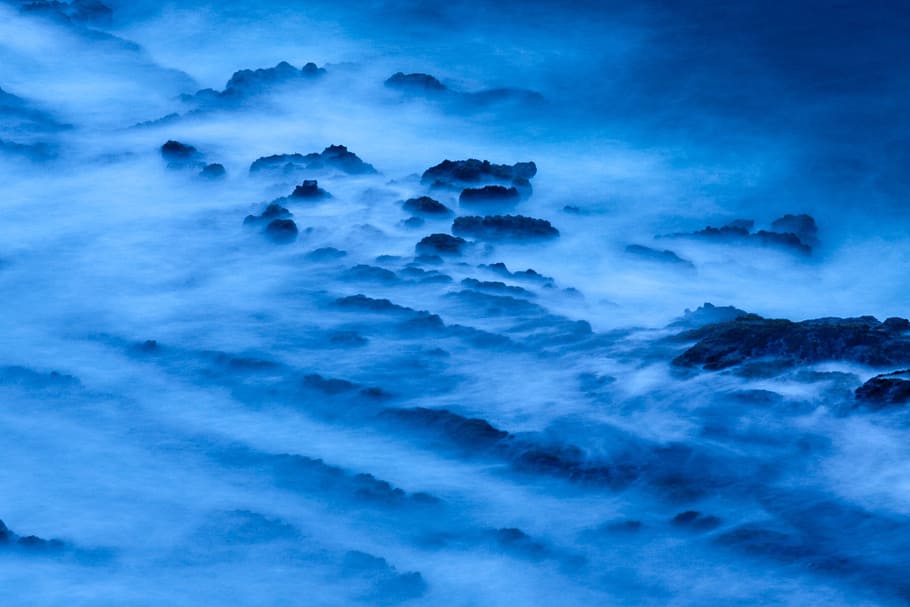 mountain, covered, fogs, blue, blur, coast, motion, movement, ocean, rock